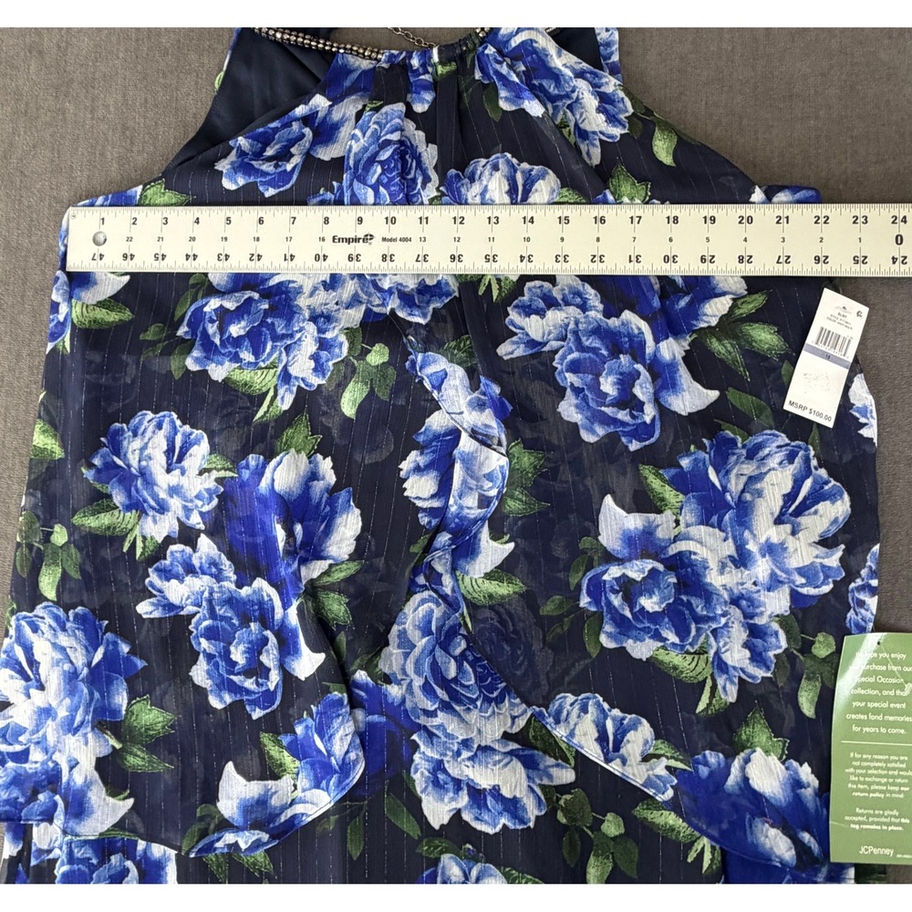 SLNY Blue Floral Tiered Halter Dress Metallic Stripe Size 18 Resortwear Vacation - Picture 9 of 11